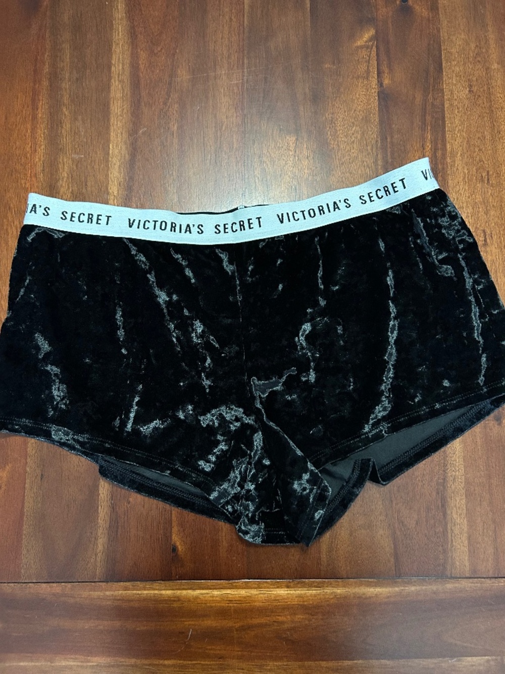 Victoria's Secret Black Crushed Velvet Lounge Pajama Shorts Logo Band Small